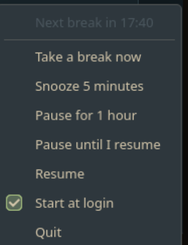 The TwentyTwenty tray menu, showing a live countdown reading Next break in 17:40 above the break, snooze, pause and quit controls